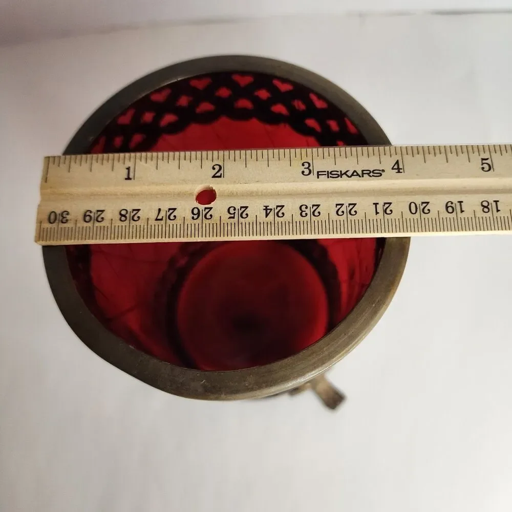Vintage Bohemian Footed Ruby Red Diamond Cut w/Brass  Trim 7